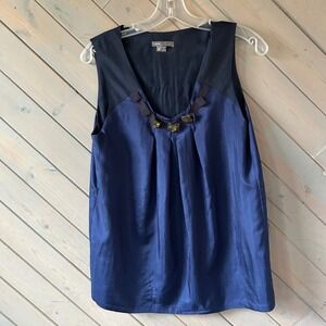 Vince Womens 100% Silk Sleeveless Blouse Navy Blue V-Neck Beaded Pleated Medium